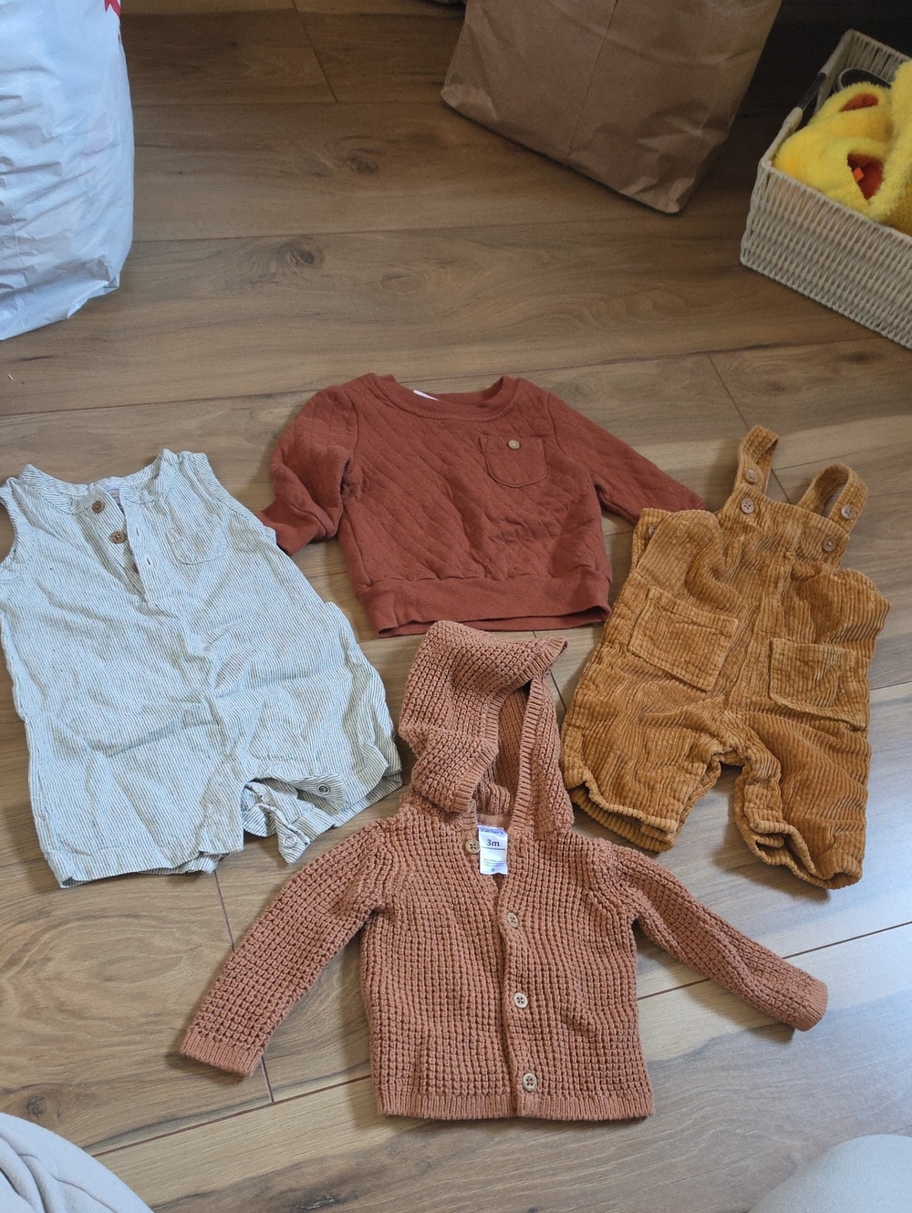 Neutral & Rust Baby Clothing Bundle - Knit Hoodie, Corduroy Overalls, Romper